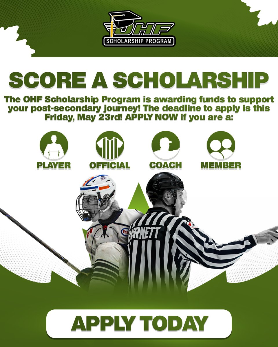 🎓 THE COUNTDOWN IS ON!

⏳ OHF Scholarship applications close May 23!

Are you a graduating student involved in hockey—on or off the ice? This is your shot.

Apply now 🔗 ohf.on.ca/ohf-scholarshi…

#OHFScholarship #HockeyInspires #OHFHockey