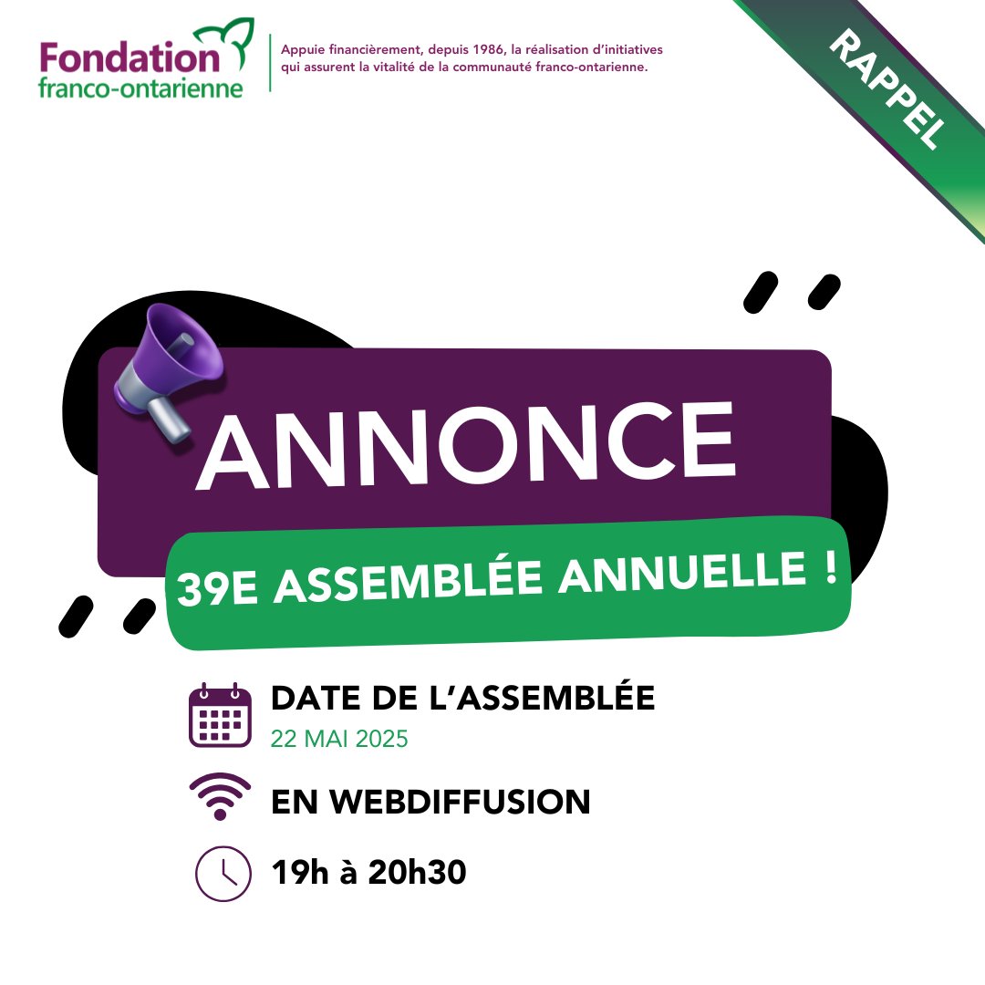 La Fondation franco-ontarienne vous invite à sa 39e Assemblée annuelle.

Un moment clé pour faire le point ensemble sur notre engagement, nos actions et nos retombées dans la communauté.

Plus d'info : coolecto.com/campagne/2909?…

Votre voix est essentielle pour la francophonie.