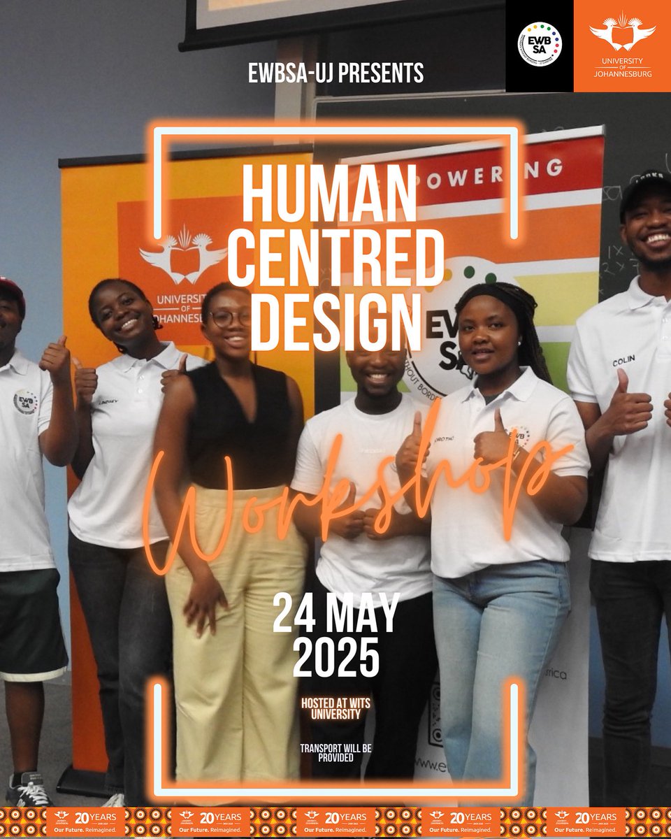 Join us on 24 May 2025 for the Human Centred Design Workshop hosted by EWBS@UJ at Wits University. 🧠 Design. Empathize. Innovate. 🚌 Transport provided from DFC at 08:00 and APK. Don’t miss it!
SIGN UP:

forms.cloud.microsoft/pages/response…