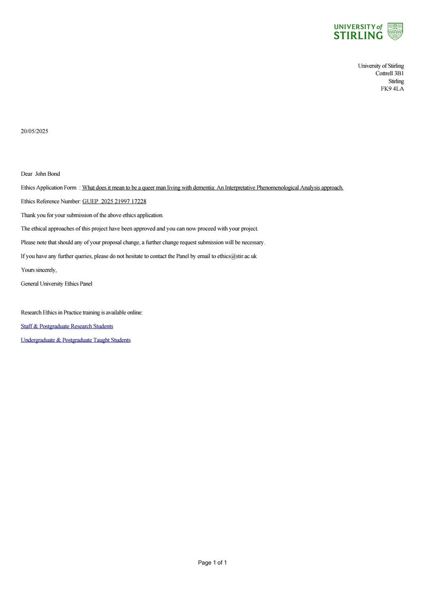 9th_Dr's tweet photo. Today is a big step for me in that I have had my Ethics Application approved.

My project called ‘What it means to be a queer man living with dementia: An Interpretative Phenomenological Analysis approach can move forward.

#PhDChat #PhDLife #PhDResearcher #DementiaResearcher https://t.co/E6WugY1uRD