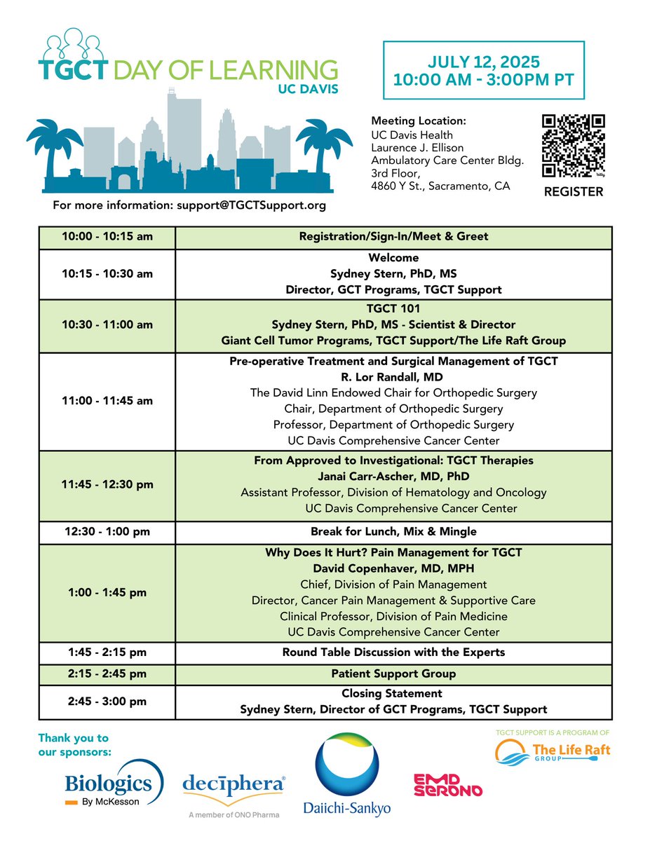 TGCT Support (@tgctsupportorg) on Twitter photo We can’t wait for our TGCT Day of Learning at UC Davis on July 12, 2025! Don’t miss it ☀️😎
Register at eventbrite.com/e/tgct-day-of-…
<a href="/UCDavisHealth/">UC Davis Health</a> <a href="/RLRandallMD/">R. Lor Randall</a> <a href="/UCDavisOrtho/">UC Davis Department of Orthopaedic Surgery</a> We can’t wait for our TGCT Day of Learning at UC Davis on July 12, 2025! Don’t miss it ☀️😎
Register at eventbrite.com/e/tgct-day-of-…
<a href="/UCDavisHealth/">UC Davis Health</a> <a href="/RLRandallMD/">R. Lor Randall</a> <a href="/UCDavisOrtho/">UC Davis Department of Orthopaedic Surgery</a>