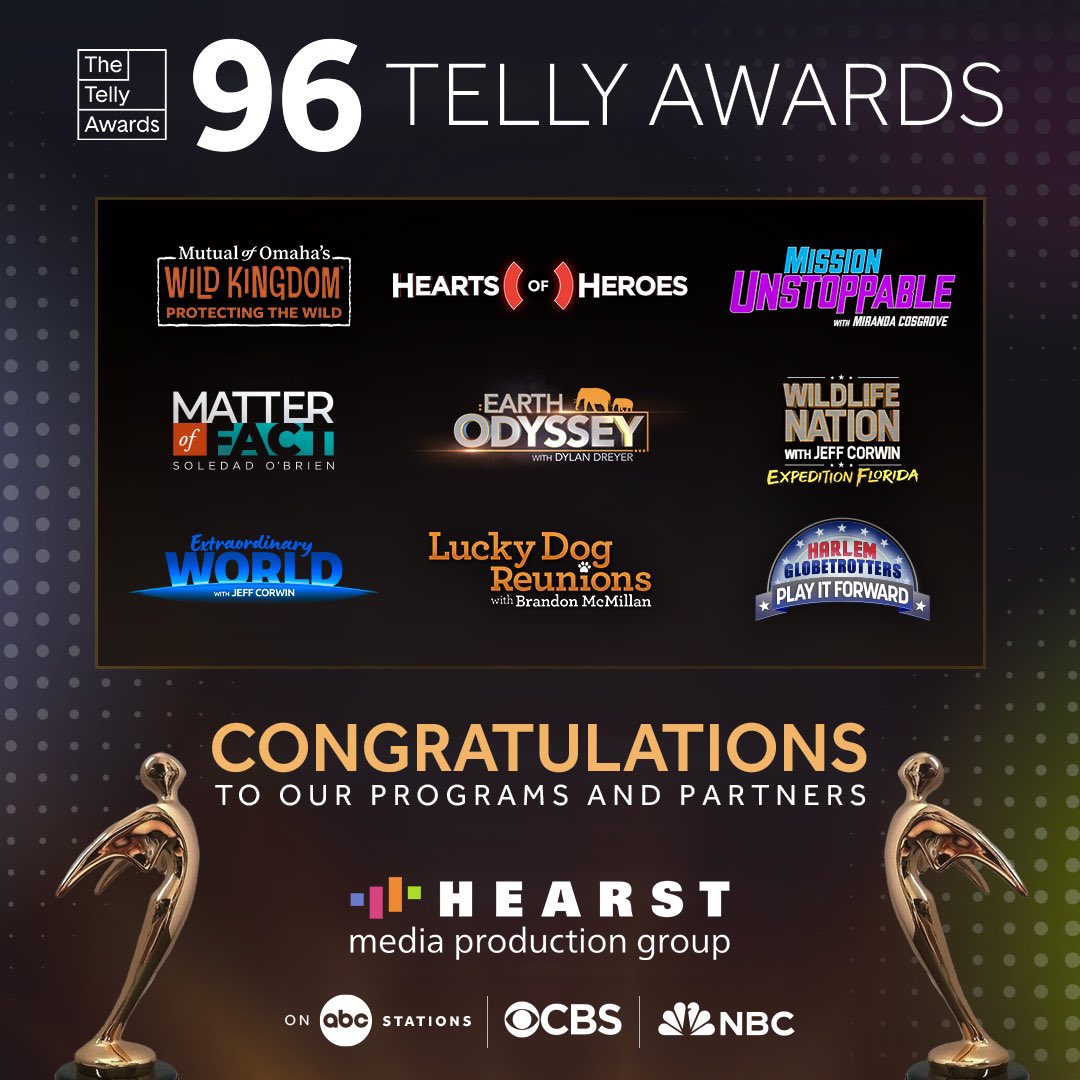 Thank you <a href="/tellyawards/">The Telly Awards</a> for honoring <a href="/HearstMPG/">Hearst Media Production Group</a> with 96 global awards for our weekly national series. Congratulations to our programs, partners, and teams!