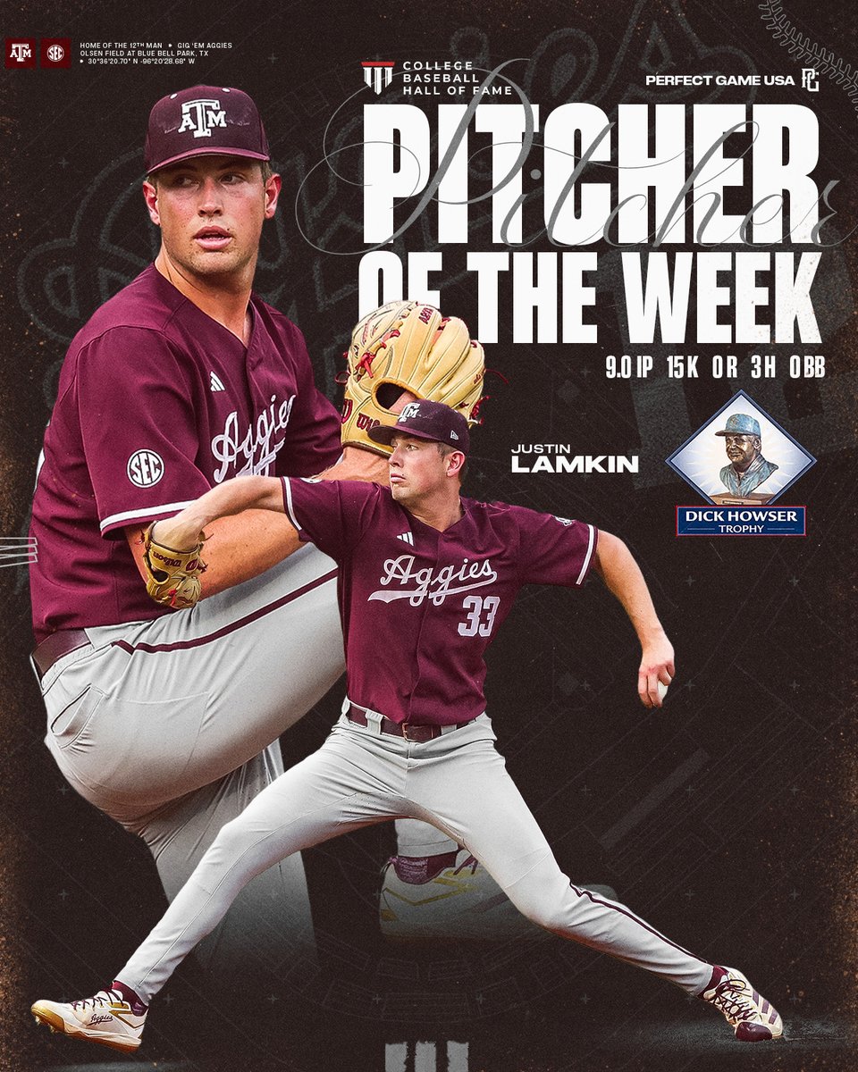 Congrats to 3⃣3⃣ on being named the National Pitcher of the Week by the <a href="/CollegeDiamonds/">CollegeBaseballHoF</a>, <a href="/NCBWA/">NCBWA</a> and <a href="/PerfectGameUSA/">Perfect Game USA</a>!

#GigEm