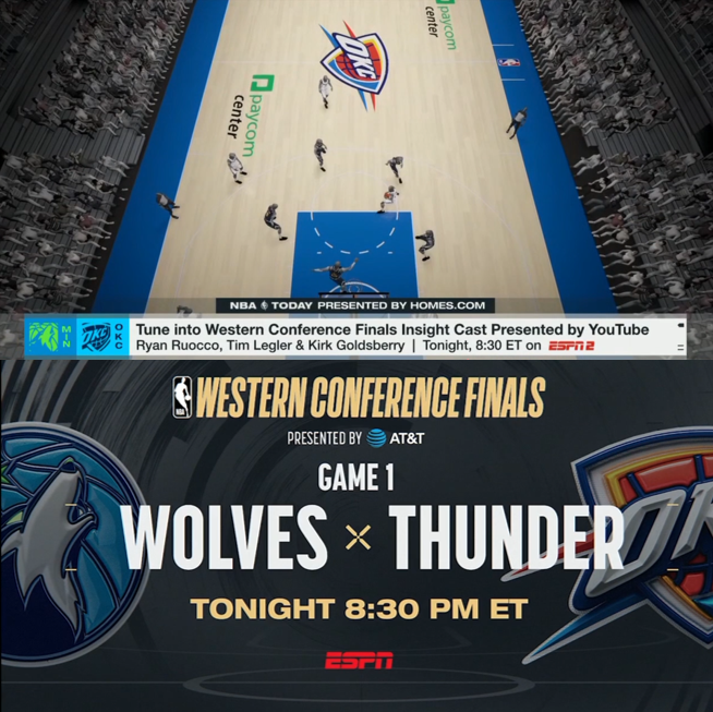 bhofheimer_espn's tweet photo. In addition to the traditional telecast, ESPN's coverage tonight of the #WCF will feature a special data-driven "InsightCast" on ESPN2 w/ @RyanRuocco @LegsESPN &amp; @kirkgoldsberry.

Details: https://t.co/HXpMx878RU | #NBAPlayoffs | #WolvesBack | #ThunderUp https://t.co/k7NbnMwNLC