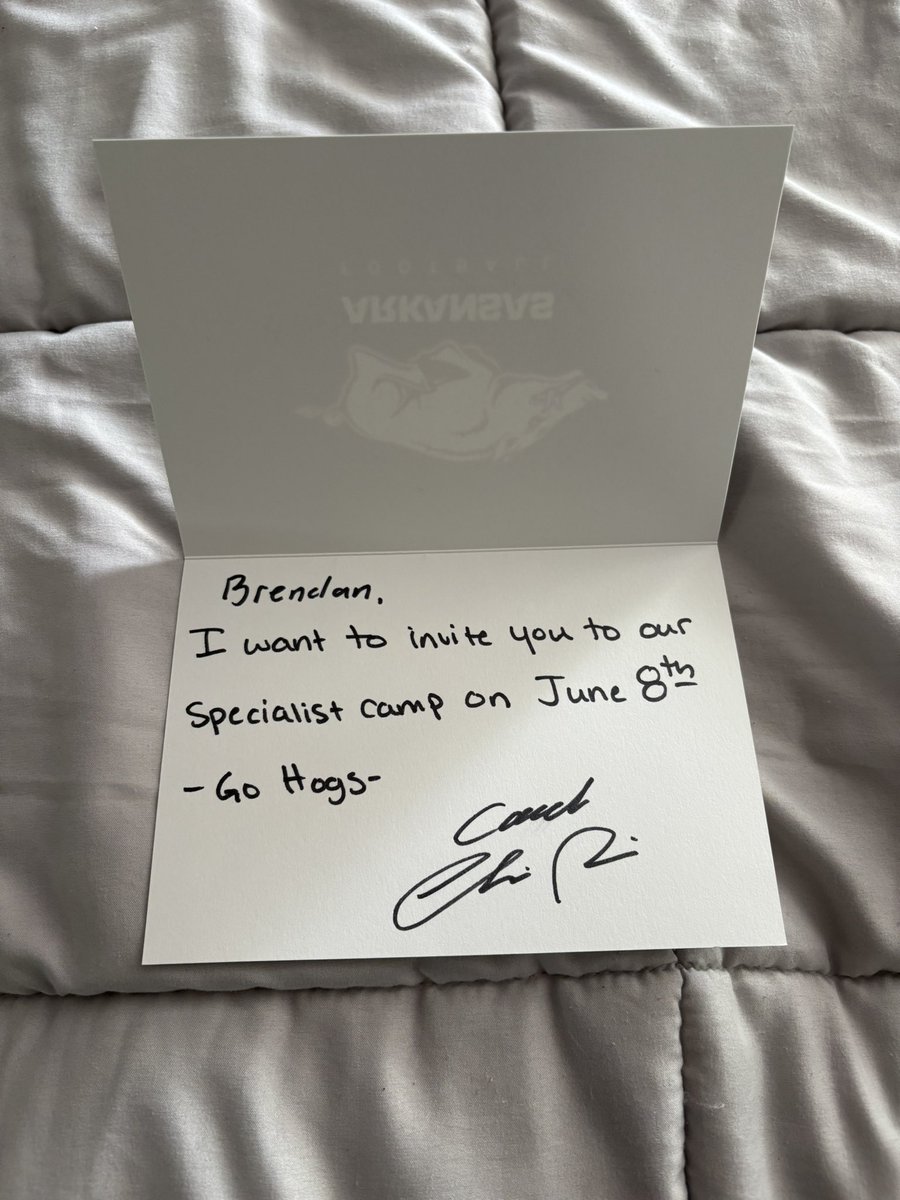 Brendan Sochor (@brendansochor27) on Twitter photo Thank you Coach <a href="/CoachSFountain/">Scott Fountain</a> and <a href="/RazorbackFB/">Arkansas Razorback Football</a> for the specialists camp invite! Really appreciate the handwritten note!
<a href="/Coach_Kreider/">Matt Kreider</a> <a href="/LenapePrideClub/">Lenape Football Pride Club</a> <a href="/LenapeFootball/">Lenape Football</a> Thank you Coach <a href="/CoachSFountain/">Scott Fountain</a> and <a href="/RazorbackFB/">Arkansas Razorback Football</a> for the specialists camp invite! Really appreciate the handwritten note!
<a href="/Coach_Kreider/">Matt Kreider</a> <a href="/LenapePrideClub/">Lenape Football Pride Club</a> <a href="/LenapeFootball/">Lenape Football</a>