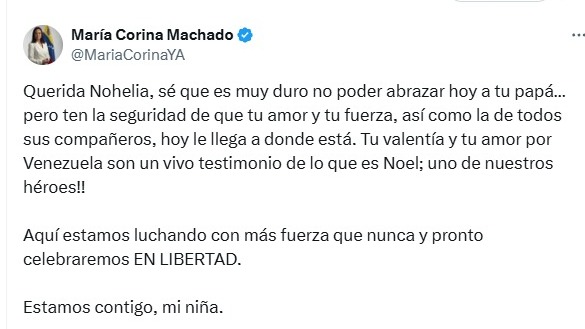 EVTVMiami's tweet photo. #EsNoticia 🇻🇪 María Corina Machado ratificó su lucha por la libertad de los presos políticos 

"Aquí estamos luchando con más fuerza que nunca y pronto celebraremos en libertad", señaló la líder venezolana @MariaCorinaYA a Nohelia Álvarez
(@nohe_12), quien recordó a su padre que cumplió años encarcelado por el régimen 

📲Más en https://t.co/PiKoItRyfO