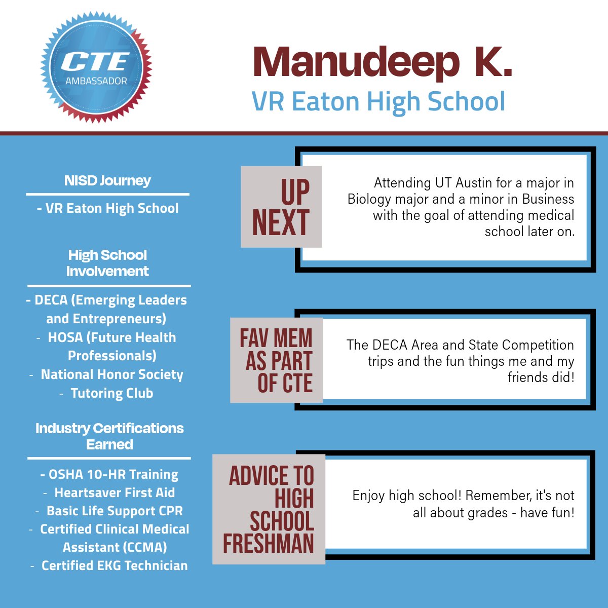 NISD CTE (@nisdcte) on Twitter photo 🎓Congrats to Class of '25 NISD CTE Ambassador MANUDEEP K. | <a href="/EatonHighSchool/">Eaton Eagles</a>
🍎Manu would like to recognize CTE teacher Beth Dickerson for being his biggest supporter - always encouraging and pushing him forward. Read about Manu⬇️ 🎓Congrats to Class of '25 NISD CTE Ambassador MANUDEEP K. | <a href="/EatonHighSchool/">Eaton Eagles</a>
🍎Manu would like to recognize CTE teacher Beth Dickerson for being his biggest supporter - always encouraging and pushing him forward. Read about Manu⬇️