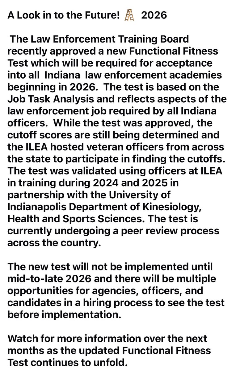 IndianaLawEnfo1's tweet photo. The LETB approved a new Functional Fitness Test beginning in 2026.  More info in the photos…
🚨 #FunctionalFitness https://t.co/jbXwOSvlHz