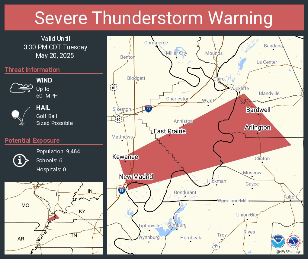 K103FM's tweet photo. Severe Thunderstorm Warning 5/20/2025 till 3:30 PM for Mississippi County. This storm will contain golf ball sized hail. From NWS &amp; River Radio. https://t.co/V0v22lKZ8q