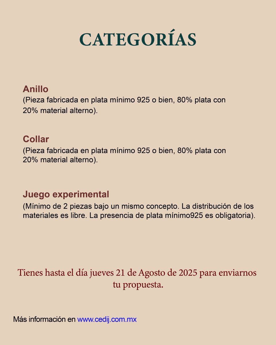 Te invitamos a participar en el 35º Concurso Internacional de Diseño de Joyería: Identidad, donde la inspiración nace de una tradición viva y poderosa: la charrería, símbolo del alma mexicana.

📅 Consulta bases y participa en: cedij.com.mx/concurso-inter…