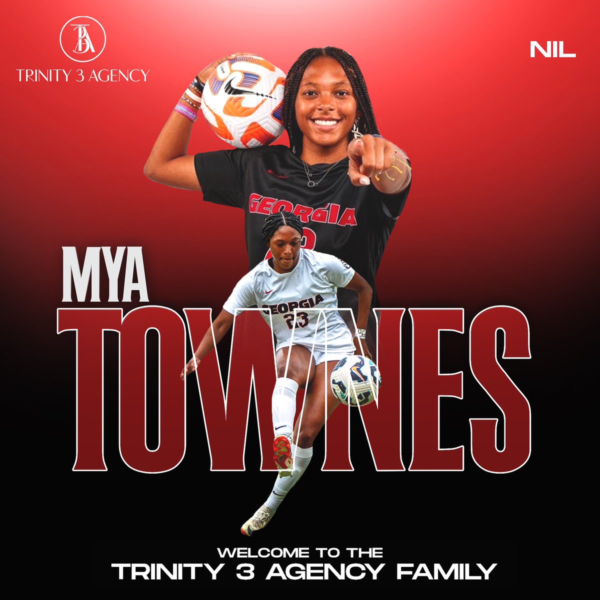 #NewClient We’re proud to officially announce the signing of UGA Soccer Forward <a href="/MyaTownes23/">Mya Townes</a> to the agency for NIL representation. A rising soccer star w/ the USYNT U-20’s. Welcome to the family and we’re excited to work with you! ⚽️🤗🔥
#nil #teamtrinity3 #soccer #ncaasoccer