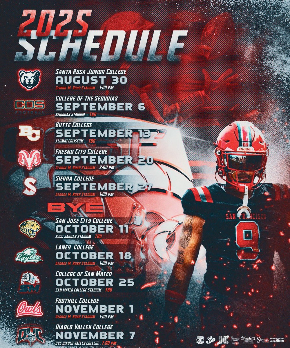 🔥 THE WAIT IS OVER!
The 2025 CCSF Rams Football Schedule is HERE 🐏

We’re back at George M. Rush Stadium and ready to dominate!

#RevengeTour #NoPlaceLikeCity