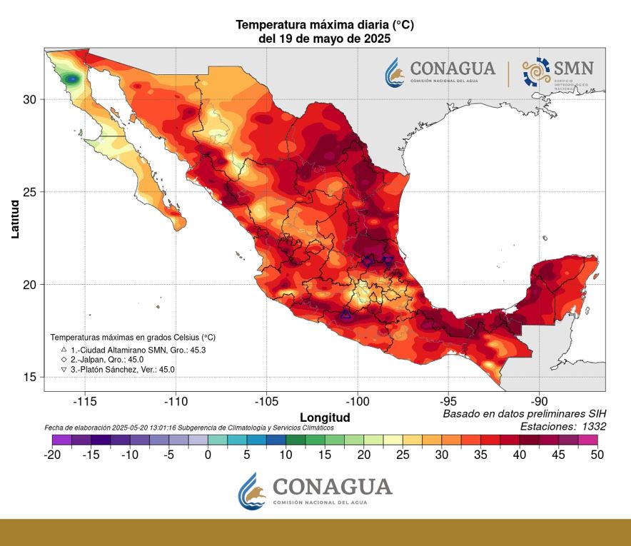 Ayer, se registraron #Temperaturas de 45.0 grados #Celsius y superiores en regiones de #Guerrero, #Querétaro y #Veracruz. Las tonalidades rojizas indican valores superiores a 35 grados  ⬇️
smn.conagua.gob.mx/es/climatologi…