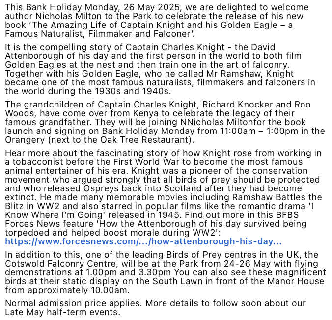 CotswoldWildlifePark (@cotswildtweets) on Twitter photo This Bank Holiday Monday, 26 May 2025, we are delighted to welcome author <a href="/NicholasMilton/">Nicholas Milton</a> to the Park to celebrate the release of his new book ‘The Amazing Life of Captain Knight and his Golden Eagle – a Famous Naturalist, Filmmaker and Falconer’. More information below. This Bank Holiday Monday, 26 May 2025, we are delighted to welcome author <a href="/NicholasMilton/">Nicholas Milton</a> to the Park to celebrate the release of his new book ‘The Amazing Life of Captain Knight and his Golden Eagle – a Famous Naturalist, Filmmaker and Falconer’. More information below.