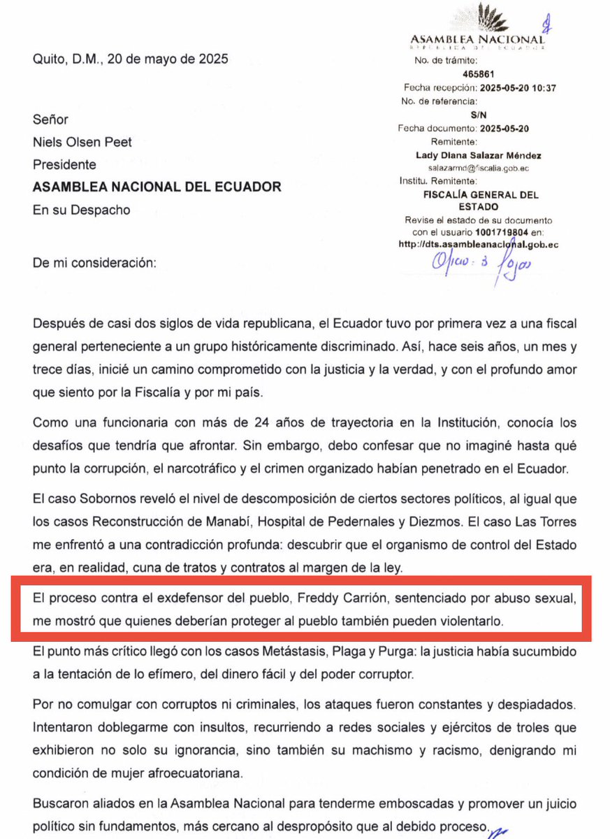PrisSchettini's tweet image. ‼️En la RENUNCIA de la Fiscal General #DianaSalazar menciona a 1 sola persona por su nombre a #FreddyCarrion y su caso

Recuerda Diana Salazar q dijo q se arrepentía haberse metido en el caso del @ElDefensorEc, xq con @JuridicaPopular, @angeporras1971 y más profesionales LOGRAMOS