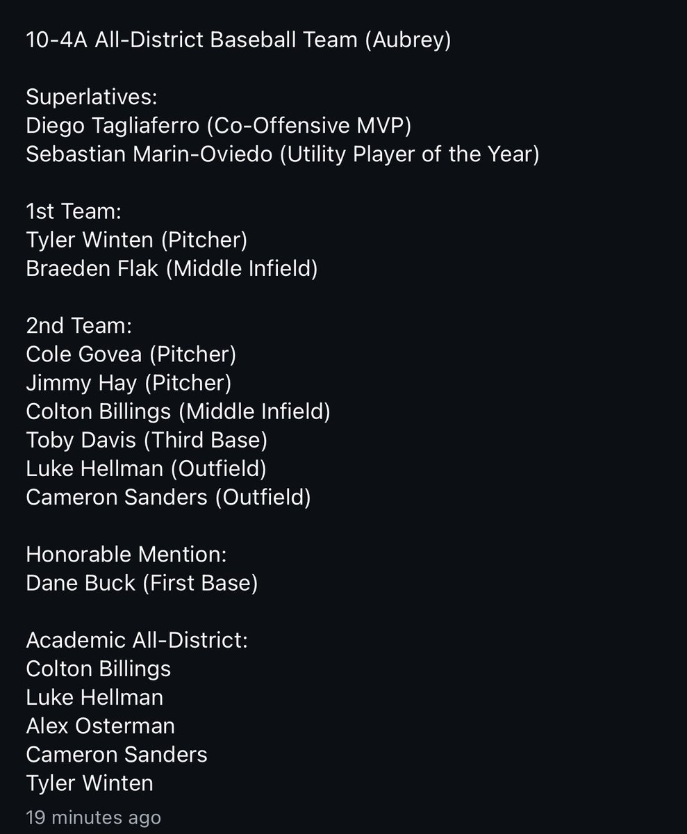 Sebastian Marin (@sebasti75379873) on Twitter photo I am grateful for being honorable as the most valuable utility player of the year
I want to thank my family and coaches for everything this season
<a href="/aubrey_baseball/">Aubrey High School Baseball</a> <a href="/CoachBo34/">Justin Bohannon</a> <a href="/NathanHenry/">Nathan Henry</a> <a href="/EndresBrady/">Brady Endres</a> <a href="/TxAngelsBB/">Texas Angels Baseball</a> I am grateful for being honorable as the most valuable utility player of the year
I want to thank my family and coaches for everything this season
<a href="/aubrey_baseball/">Aubrey High School Baseball</a> <a href="/CoachBo34/">Justin Bohannon</a> <a href="/NathanHenry/">Nathan Henry</a> <a href="/EndresBrady/">Brady Endres</a> <a href="/TxAngelsBB/">Texas Angels Baseball</a>