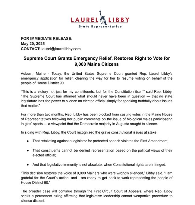 BREAKING: The Supreme Court voted 7-2 in favor of Maine Republican Rep. Laurel Libby after Maine Democrats stripped her of her voting and speaking privileges for speaking out against males invading female sports.

HUGE WIN for Free Speech!