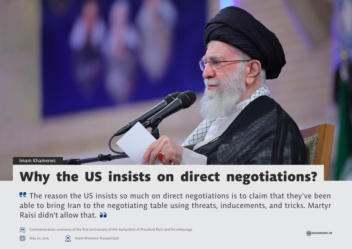 🔰 Why the US insists on direct negotiations?
The reason the US insists so much on direct negotiations is to claim that they’ve been able to bring #Iran to the negotiating table using threats, inducements,and tricks. 
Imam Khamenei
#IndiaPakistanWar #It_Is_Too_Late