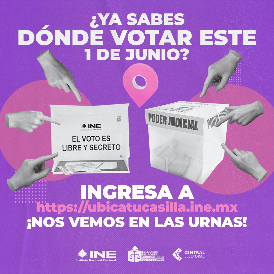 🚨 ¡Ya faltan pocos días para las #EleccionesJudiciales! Da clic en: ubicatucasilla.ine.mx y vota este 1 de junio.