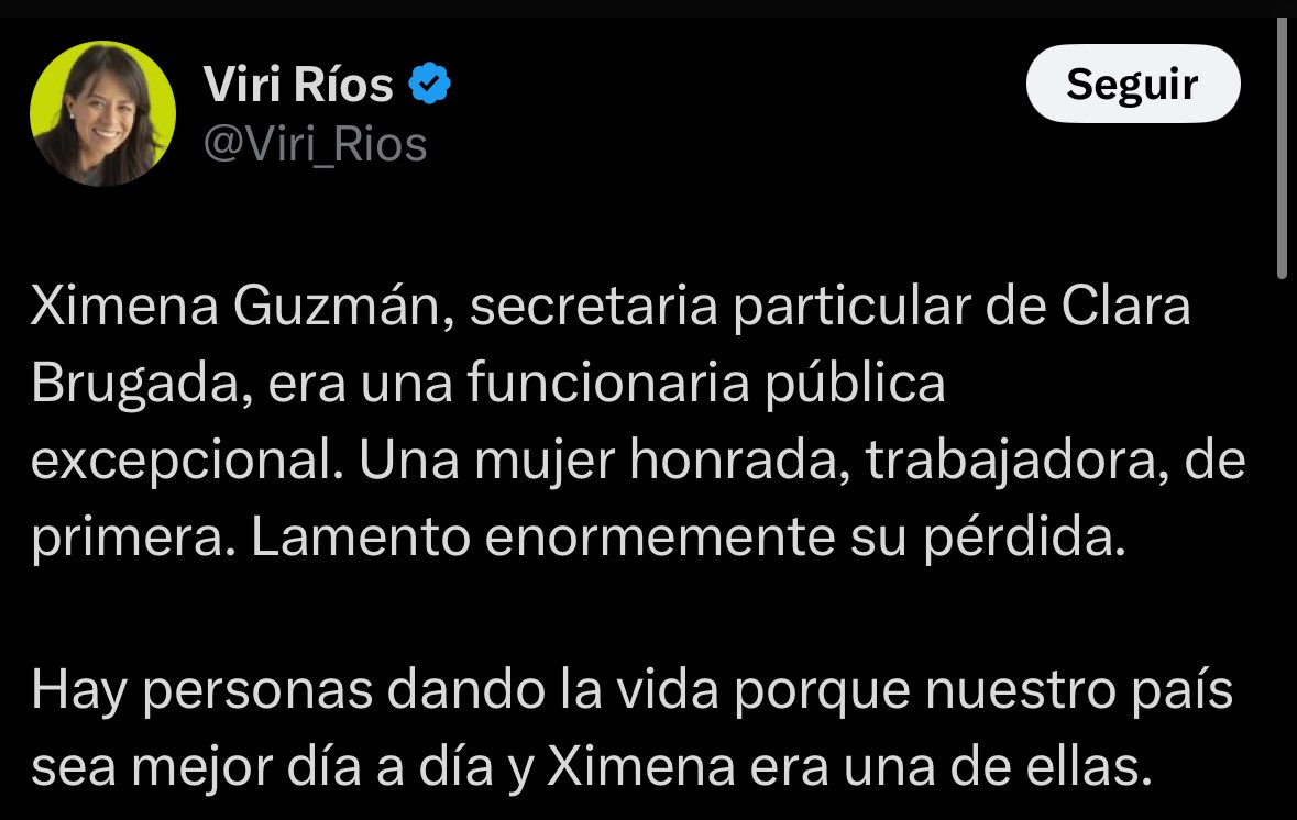 Es que no puedo con la estupidez de Viri.
“Dio la vida por nuestro país” dice… cuando la realidad es que la asesinaron a sangre fría en su coche.
Ximena Guzmán NO QUERÍA MORIRSE, estoy segura que había gente esperándola en casa a la cual ya no podrá volver porque LA MATARON.
Si