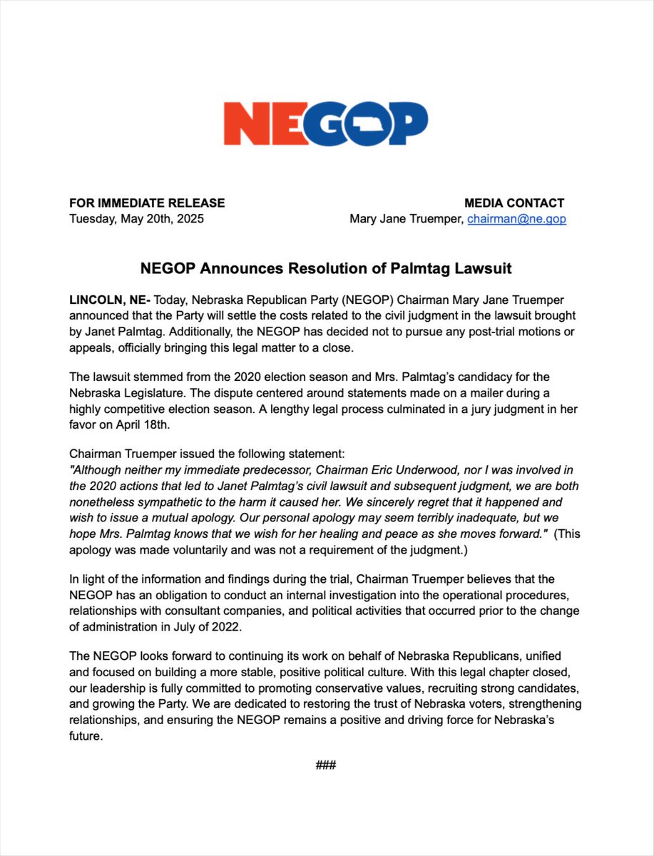 Please see the following statement by Chairman Mary Jane Truemper regarding the resolution of the lawsuit brought by Janet Palmtag.
The NEGOP remains focused on strengthening our Party and serving Nebraska Republicans with integrity and purpose.