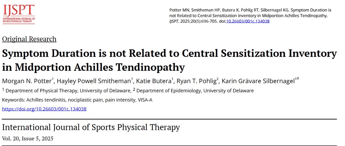 Tendon Research Group @ UD (@udtendongroup) on Twitter photo ⚡️New Pub⚡️Findings suggest prolonged symptom duration in midportion Achilles tendinopathy is unlikely to ⬆️ the occurrence of symptoms associated with central sensitization bit.ly/3SK7rMx Great work <a href="/MorganNPotter/">Morgan Potter, PT, DPT</a> <a href="/bio_stats/">Ryan</a> <a href="/kgSilbernagel/">Dr. Karin G Silbernagel</a> <a href="/HayleyPowellPT/">Hayley P Smitheman</a> <a href="/UDelawarePT/">University of Delaware Physical Therapy</a> ⚡️New Pub⚡️Findings suggest prolonged symptom duration in midportion Achilles tendinopathy is unlikely to ⬆️ the occurrence of symptoms associated with central sensitization bit.ly/3SK7rMx Great work <a href="/MorganNPotter/">Morgan Potter, PT, DPT</a> <a href="/bio_stats/">Ryan</a> <a href="/kgSilbernagel/">Dr. Karin G Silbernagel</a> <a href="/HayleyPowellPT/">Hayley P Smitheman</a> <a href="/UDelawarePT/">University of Delaware Physical Therapy</a>
