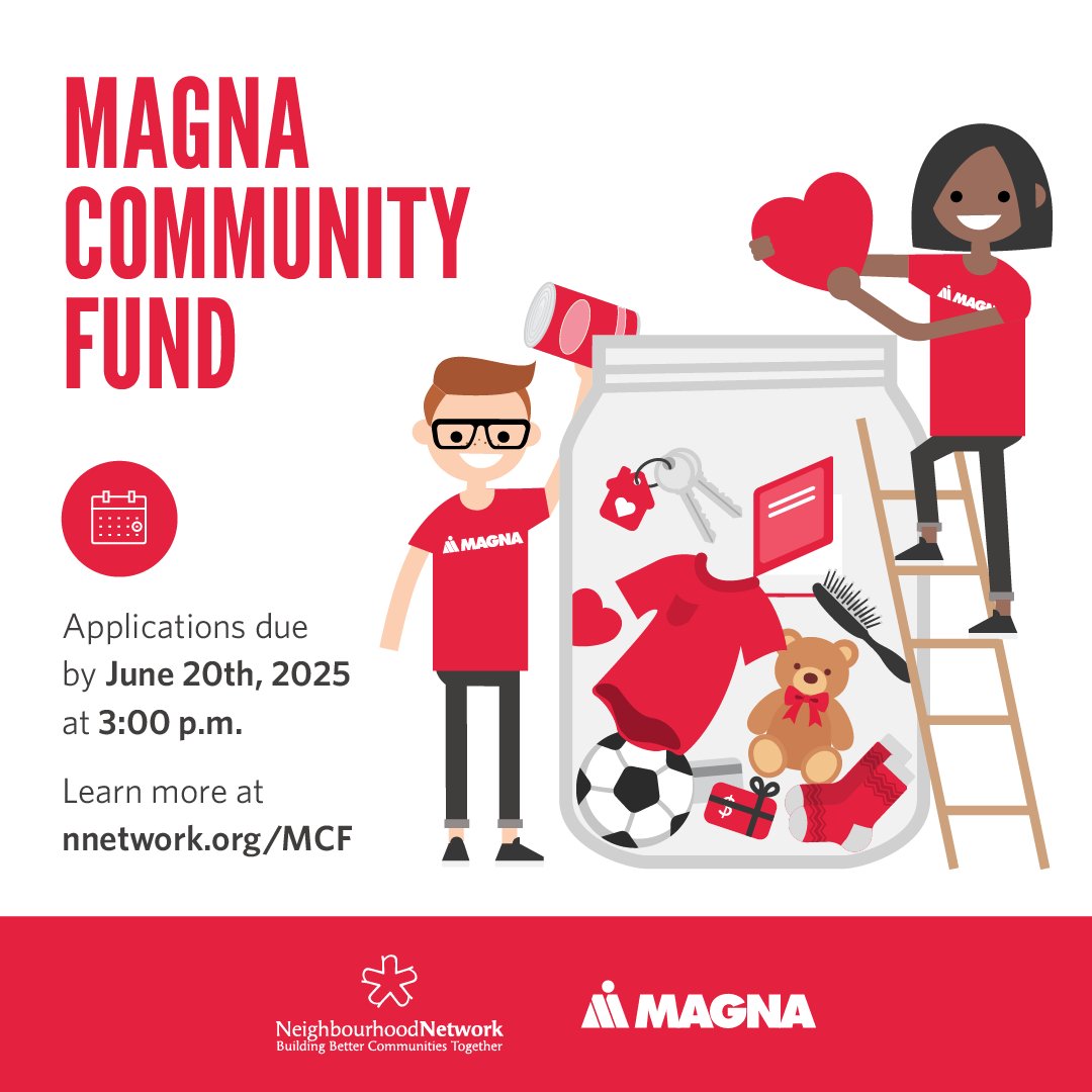 NeighbourhoodNetwork (@neighbournetwrk) on Twitter photo Neighbourhood Network is thrilled to announce the return of the Magna Community Fund!
Ten deserving charitable recipients will each receive a donation from <a href="/MagnaInt/">Magna International</a>, along with ongoing promotional opportunities with the <a href="/Town_of_Aurora/">Town of Aurora</a>.
Learn more at nnetwork.org/MCF! Neighbourhood Network is thrilled to announce the return of the Magna Community Fund!
Ten deserving charitable recipients will each receive a donation from <a href="/MagnaInt/">Magna International</a>, along with ongoing promotional opportunities with the <a href="/Town_of_Aurora/">Town of Aurora</a>.
Learn more at nnetwork.org/MCF!