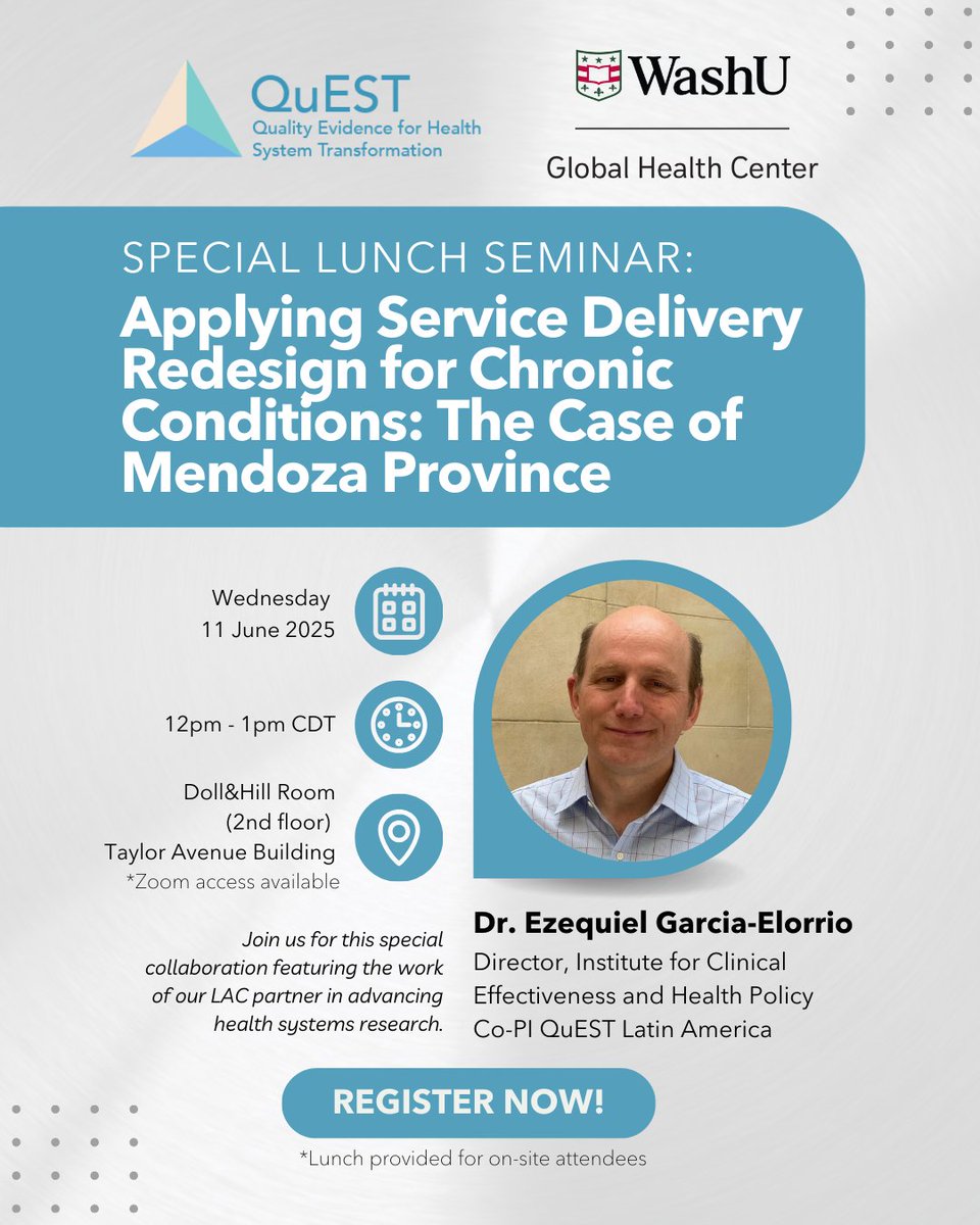 QuEST Network (@questglobalnet) on Twitter photo 🔔 Join us for a Special Lunch Seminar! Co-hosted with the <a href="/WashU/">WashU</a> Global Health Center!
🗓️June 11 | 12–1PM CDT
📍TAB, Doll & Hill Room
Speaker: Dr. <a href="/egarciaelorrio/">Ezequiel García-Elorrio</a>, Co-PI <a href="/QuestLAC/">QuEST LAC Network</a>, from <a href="/iecsarg/">IECS Argentina</a>
🔗 Register: wustl.az1.qualtrics.com/jfe/form/SV_ez…
<a href="/washumedicine/">WashU Medicine</a> <a href="/WashUMedGMG/">WashU Medicine Division General Med & Geriatrics</a> <a href="/WashUDeptMed/">WashU Medicine Department of Medicine</a> 🔔 Join us for a Special Lunch Seminar! Co-hosted with the <a href="/WashU/">WashU</a> Global Health Center!
🗓️June 11 | 12–1PM CDT
📍TAB, Doll & Hill Room
Speaker: Dr. <a href="/egarciaelorrio/">Ezequiel García-Elorrio</a>, Co-PI <a href="/QuestLAC/">QuEST LAC Network</a>, from <a href="/iecsarg/">IECS Argentina</a>
🔗 Register: wustl.az1.qualtrics.com/jfe/form/SV_ez…
<a href="/washumedicine/">WashU Medicine</a> <a href="/WashUMedGMG/">WashU Medicine Division General Med & Geriatrics</a> <a href="/WashUDeptMed/">WashU Medicine Department of Medicine</a>