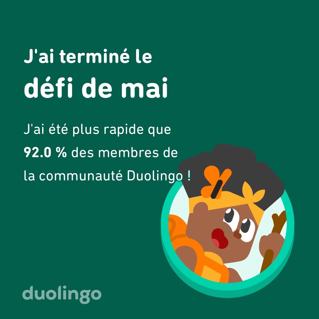 J'ai terminé le défi de mai plus vite que 92.0 % des membres de la communauté Duolingo !