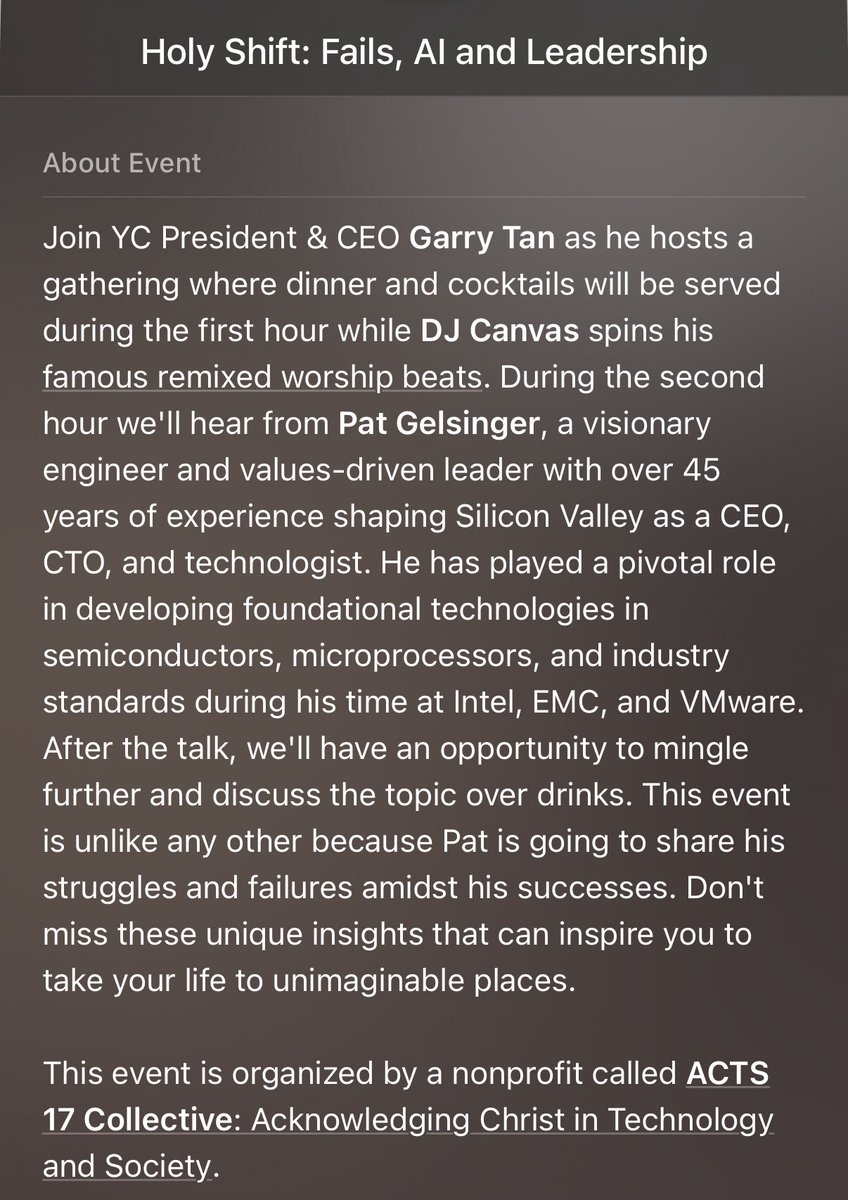 Garry Tan (@garrytan) on Twitter photo Acts 17 is hosting legendary engineer and CEO <a href="/PGelsinger/">Pat Gelsinger</a> at my house in SF on June 3 for dinner and conversation.
Come join us: lu.ma/holyshift Acts 17 is hosting legendary engineer and CEO <a href="/PGelsinger/">Pat Gelsinger</a> at my house in SF on June 3 for dinner and conversation.
Come join us: lu.ma/holyshift