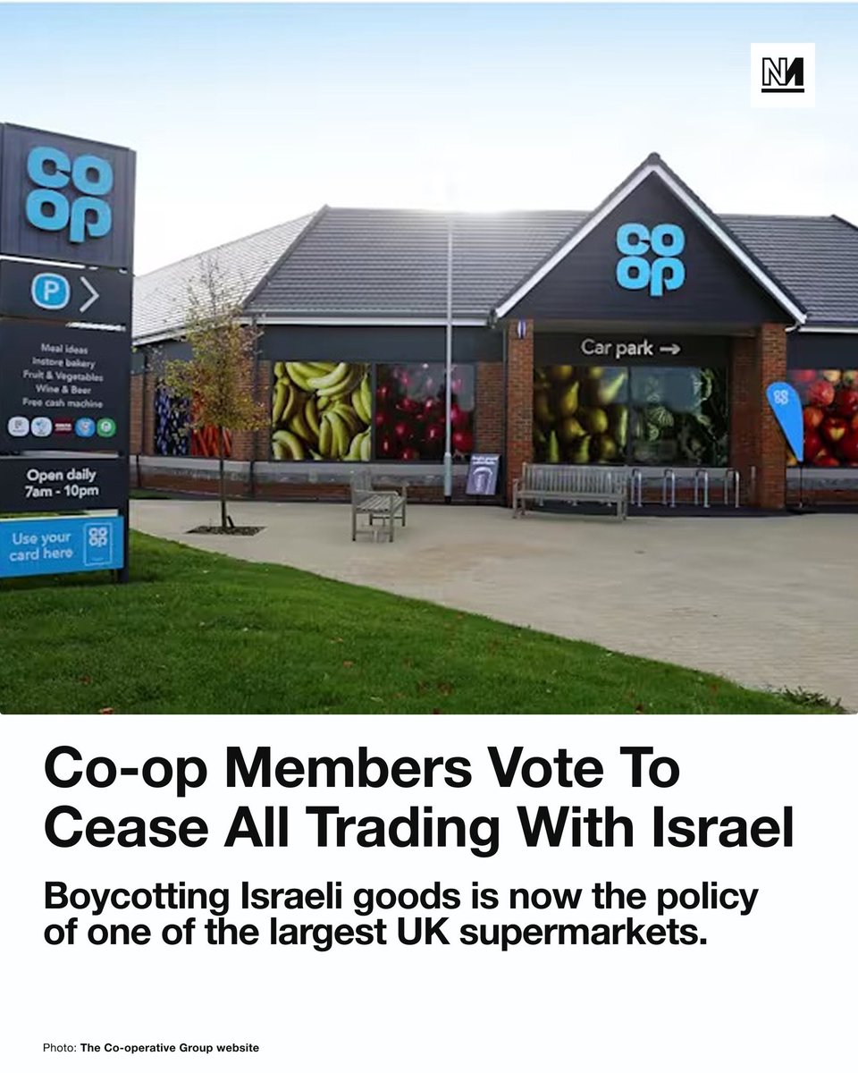 Camila_Vergara's tweet photo. Cooperatives are owned and democratically managed by their members, and have social responsibility as one of their core principles. 

Members of CO-OP, one of the largest supermarkets in the UK, have decided to boycott Israeli products. https://t.co/Dz9cDcurGI