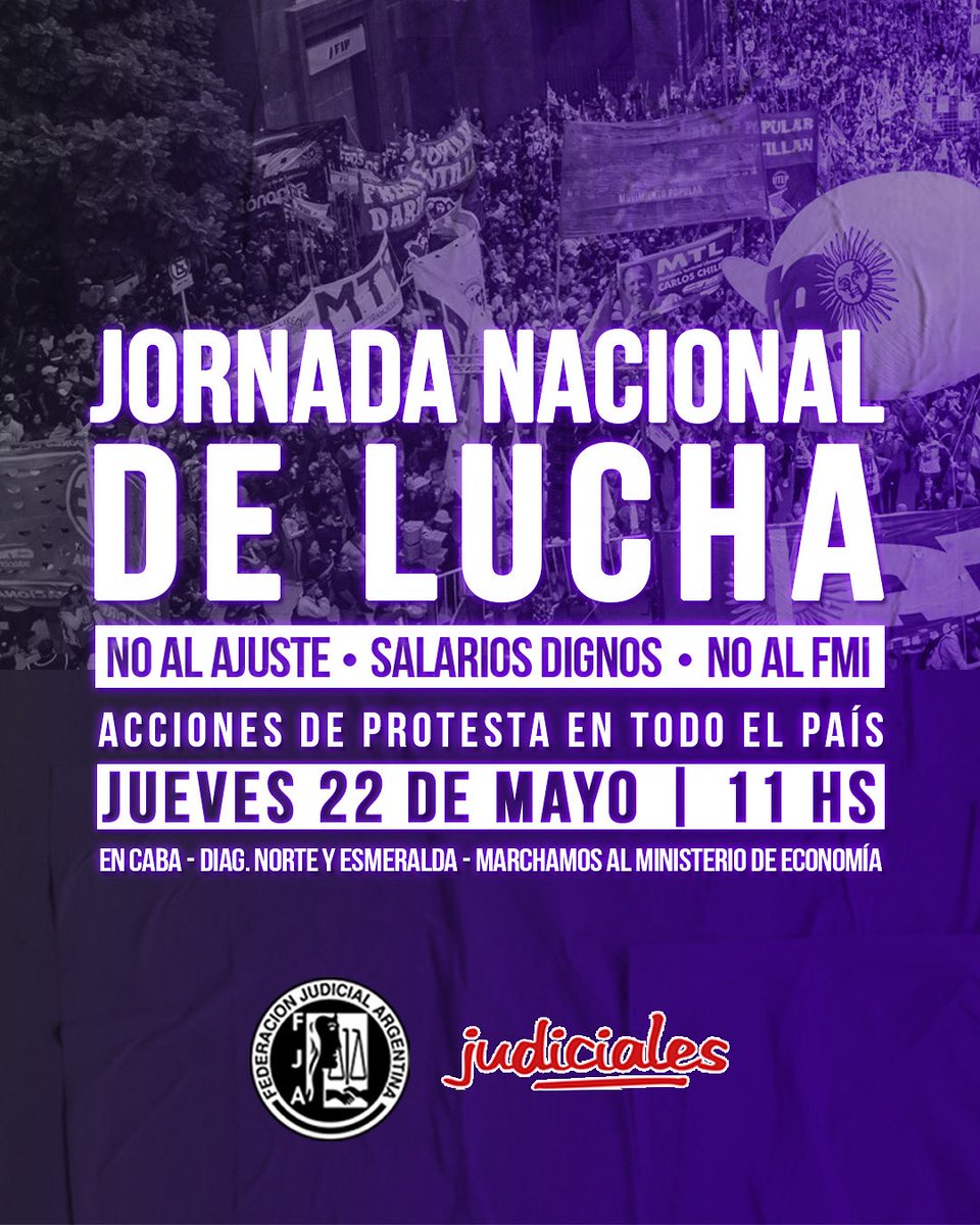 ✊🏼 La FJA convoca a Jornada Nacional de Lucha este 22/5 en apoyo a lxs judiciales de Córdoba, Catamarca, Tierra del Fuego y Entre Ríos. Reclaman paritarias, salarios dignos, no al ajuste, no al FMI y restitución de fondos a las provincias. ⚖️ Unidad y lucha.
#FJA #ATE #CTA #CTERA