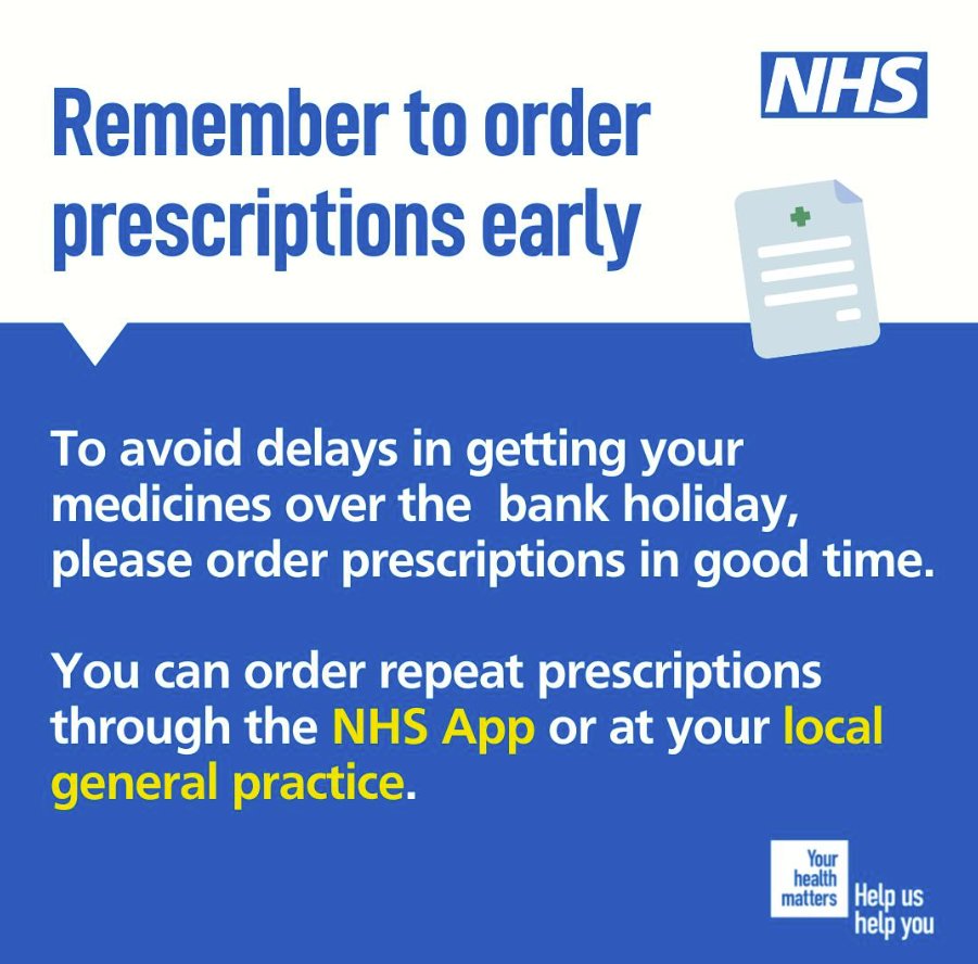 📆 Don't forget there's a bank holiday coming up - if you collect a repeat prescription, it's worth checking you have enough medication to see you through the longer weekend. 
Check today and get your order sorted in good time.