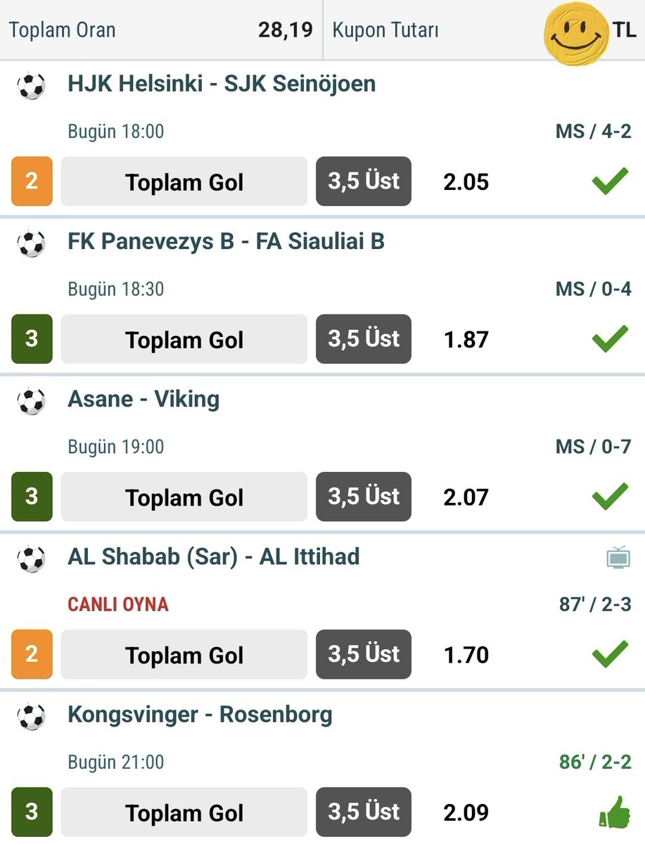Formül 🙃

İlk yarılar nokta atışı 🎯
Maç sonuçları nokta atışı 🎯

İlk yarı alanda kazandı maçsonu alanda 💚

5/5 ✅ 2.5 üst
5/5 ✅ 3.5 üst
5/5 ✅ İy 1.5 üst