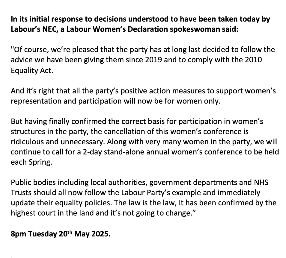 LabourWomen’sDeclaration 🦖 (@labwomendec) on Twitter photo Here's our first response to decisions we understand were taken today by <a href="/UKLabour/">The Labour Party</a>'s Nat Exec Committee.
In summary
♀️Bringing party policies in line with the 2010 Equality Act & correct definition of woman = at last!
😡Cancelling women's conference = ridiculous & unnecessary. Here's our first response to decisions we understand were taken today by <a href="/UKLabour/">The Labour Party</a>'s Nat Exec Committee.
In summary
♀️Bringing party policies in line with the 2010 Equality Act & correct definition of woman = at last!
😡Cancelling women's conference = ridiculous & unnecessary.
