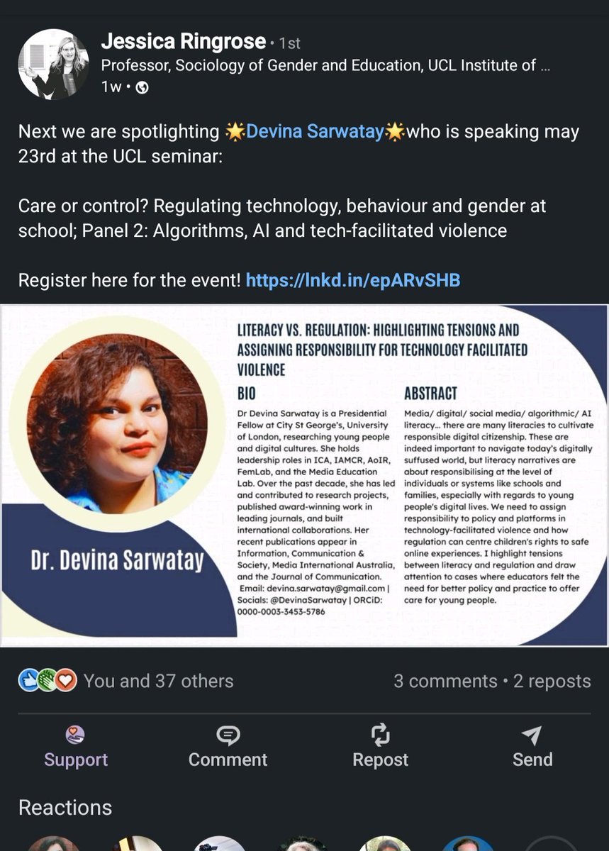 Devina Sarwatay (@devinasarwatay) on Twitter photo Please join us for an agenda setting hybrid event at <a href="/ucl/">UCL</a>, May 23 organised by <a href="/JessicaRingrose/">PROF J Ringrose she/her/TRANS NONBINARY ALLY🏳️⚧️</a>:
'Care or Control? Regulating Technology, Behaviour & Gender at School'
I'll be representing <a href="/CityStGeorges/">City St George's, University of London</a> & joining an incredible line up of academic & charitable organisation 1/ Please join us for an agenda setting hybrid event at <a href="/ucl/">UCL</a>, May 23 organised by <a href="/JessicaRingrose/">PROF J Ringrose she/her/TRANS NONBINARY ALLY🏳️⚧️</a>:
'Care or Control? Regulating Technology, Behaviour & Gender at School'
I'll be representing <a href="/CityStGeorges/">City St George's, University of London</a> & joining an incredible line up of academic & charitable organisation 1/