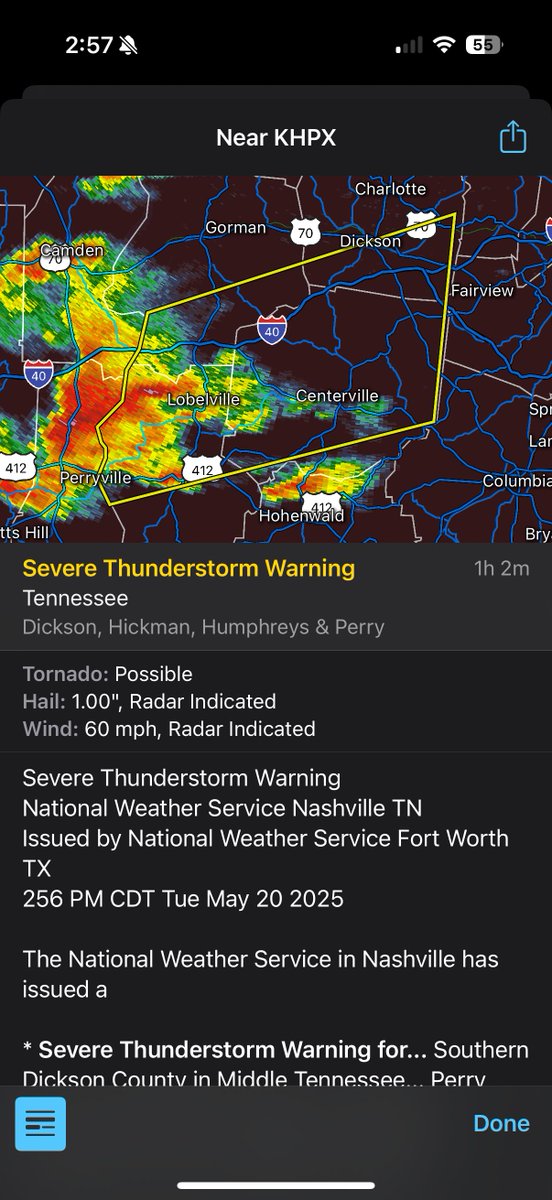 DicksonSevereWx's tweet photo. New: Severe Thunderstorm Warning for Dickson County until 4pm (with possible tornado tag). https://t.co/X71q461GML