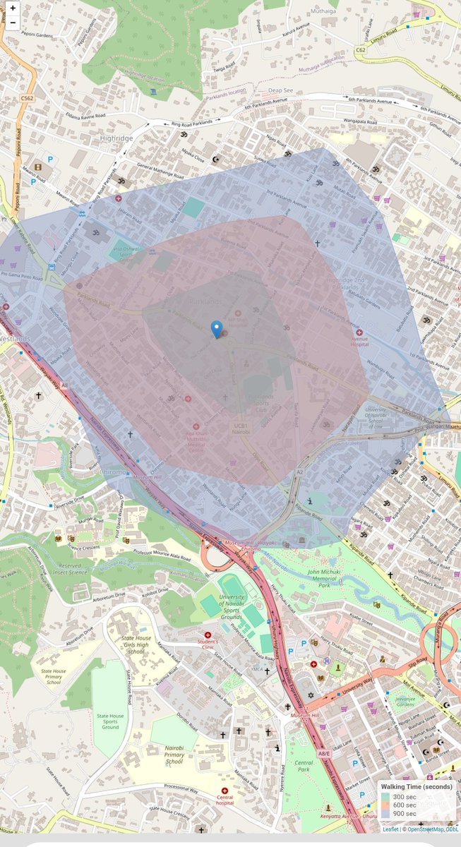 panyakonyerere's tweet photo. Day 9 of #30DayMapChallenge
Theme: [Walking/Time Distance]
Exploring Nairobi’s Parklands area with an isochrone map showing walking distances in 5, 10, and 15 minutes.
Made with #OpenStreetMap + #LeafletJS
#GIS #Mapping #GeoSpatial https://t.co/DC6jCbyELb