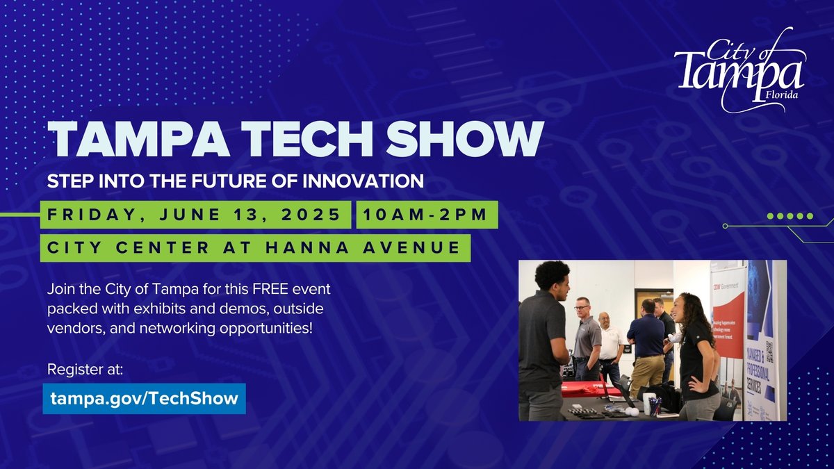 The future of tech is here - step into it and connect with others at the Tampa Tech Show!💻 This FREE event will be packed with exhibits, demos, outside vendors and networking opportunities. 

📅 June 13, 10am - 2pm
📍City Center at Hanna Ave
 🔗 tampa.gov/TechShow