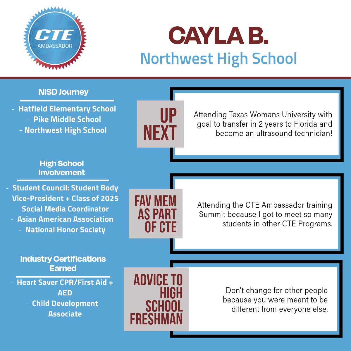 NISD CTE (@nisdcte) on Twitter photo 🎓Congrats to Class of '25 NISD CTE Ambassador CAYLA B. | Early Learning <a href="/NHSTexans/">Northwest High School</a> 🍎Cayla would like to recognize CTE teacher Jill Jeppesen for helping her with all of her Early Learning work, and giving her experiences in the perfect class! Read about Cayla⬇️ 🎓Congrats to Class of '25 NISD CTE Ambassador CAYLA B. | Early Learning <a href="/NHSTexans/">Northwest High School</a> 🍎Cayla would like to recognize CTE teacher Jill Jeppesen for helping her with all of her Early Learning work, and giving her experiences in the perfect class! Read about Cayla⬇️