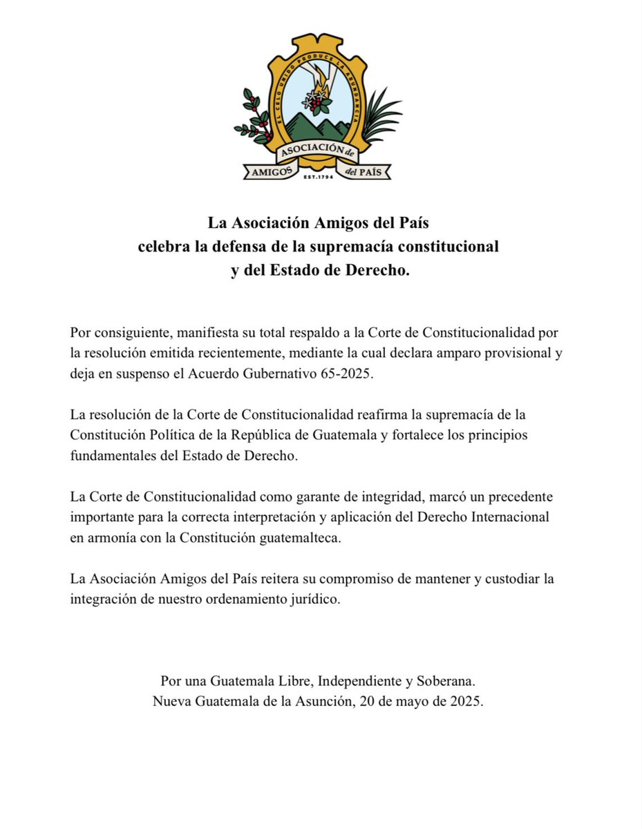 Celebramos la resolución de la <a href="/CC_Guatemala/">CC Guatemala</a> al declarar amparo provisional y dejar en suspenso el Acuerdo Gubernativo 65-2025. #aapgt #EstadodeDerecho #DefensaalaConstitucion #ConstituciondeGuatemala