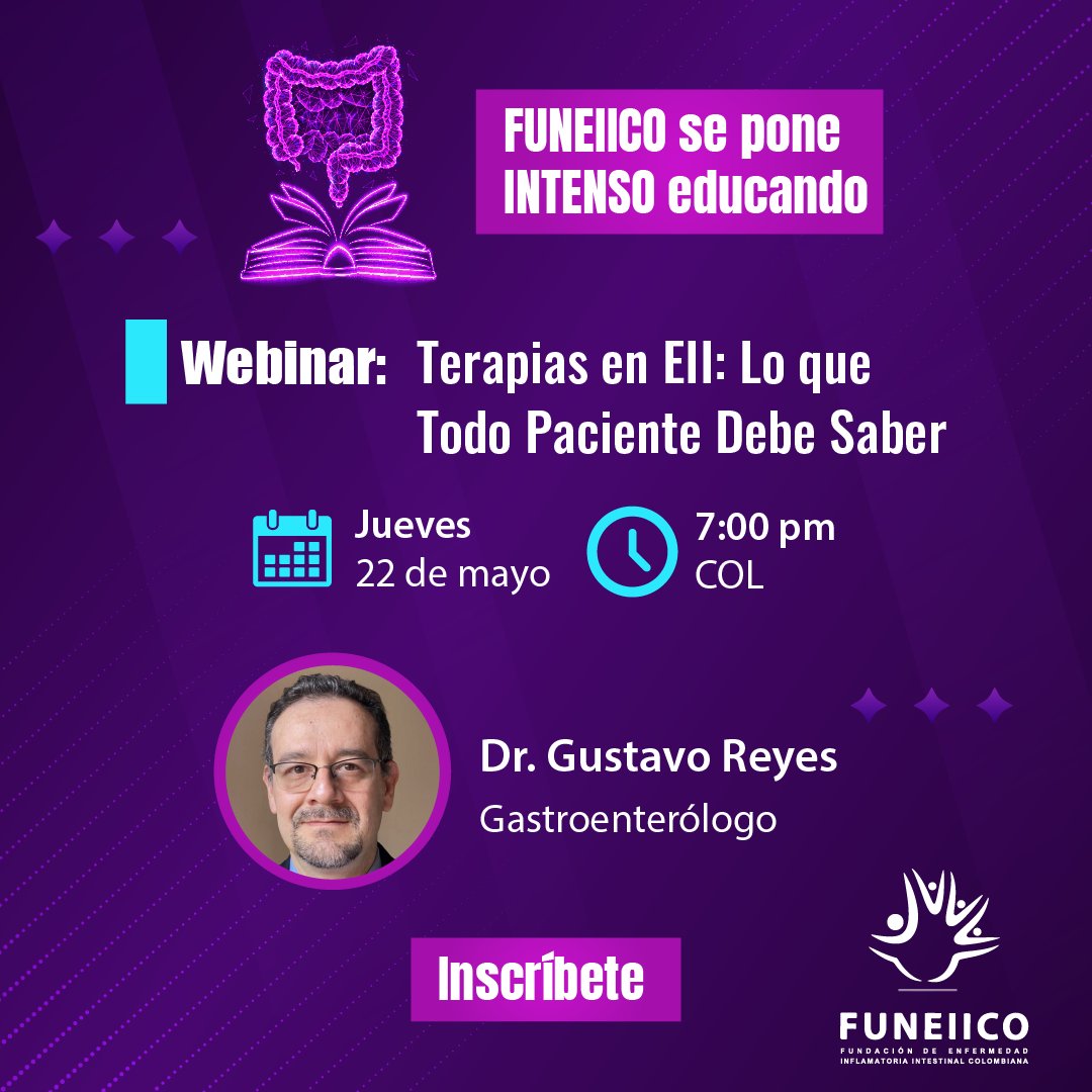 Te invitamos a nuestro Webinar: Terapias en EII: Lo que Todo Paciente Debe Saber
Contaremos con el Dr. Gustavo Reyes, Gastroenterólogo, para explicar cuáles son las opciones de manejo y resolver las dudas que se presenten.
-Inscripciones: 
us06web.zoom.us/webinar/regist…
💜
#FUNEIICO