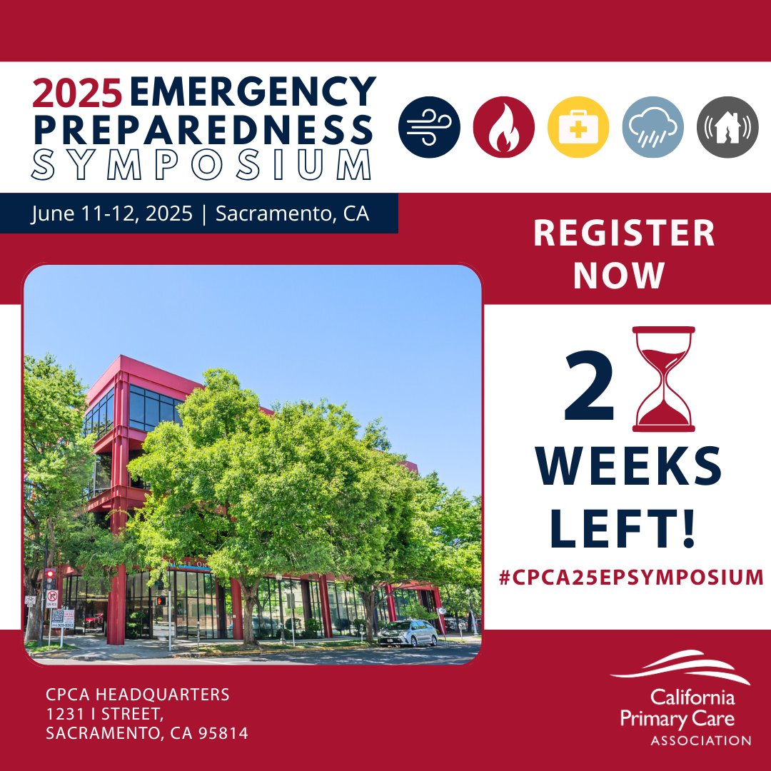 California Primary Care Association (@cpca) on Twitter photo ⏳ Only 2 weeks left to register!
Join us June 11–12 for CPCA’s 2025 Emergency Preparedness Symposium.
✅ Hands-on workshops
✅ CHC-focused disaster planning
✅ Expert insights & peer connections
Spots are limited—register now!🔗 ow.ly/xq8z50VVXxq
#CPCA25EPSymposium ⏳ Only 2 weeks left to register!
Join us June 11–12 for CPCA’s 2025 Emergency Preparedness Symposium.
✅ Hands-on workshops
✅ CHC-focused disaster planning
✅ Expert insights & peer connections
Spots are limited—register now!🔗 ow.ly/xq8z50VVXxq
#CPCA25EPSymposium