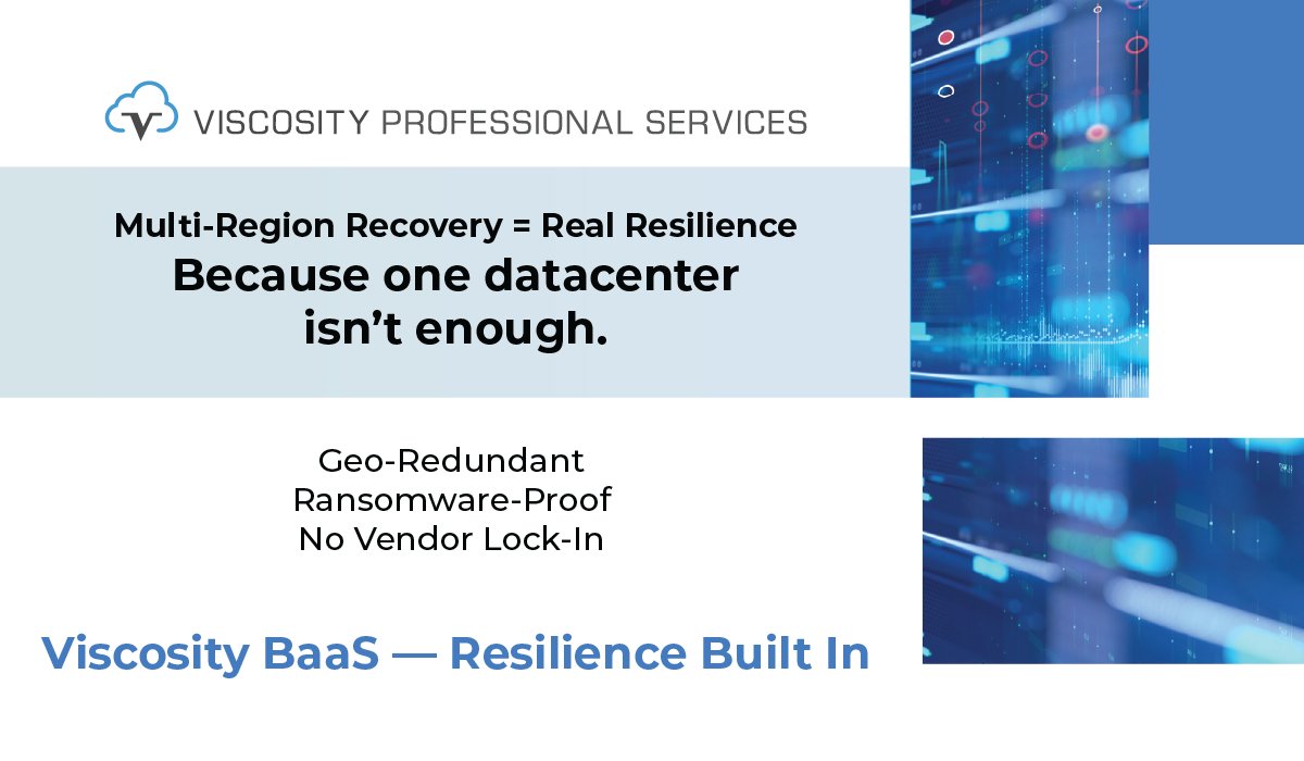 ViscosityNA's tweet photo. A single #datacenter can fail. That’s why our #BaaS replicates your #data across multiple #cloud regions. #DisasterRecovery shouldn't be an afterthought—it should be built in.
More: https://t.co/KEaygEpIuL
#VNA #SQL #BackupAsAService #CloudBackup #databasesecurity #oracleDB https://t.co/X6vFnvlQgk