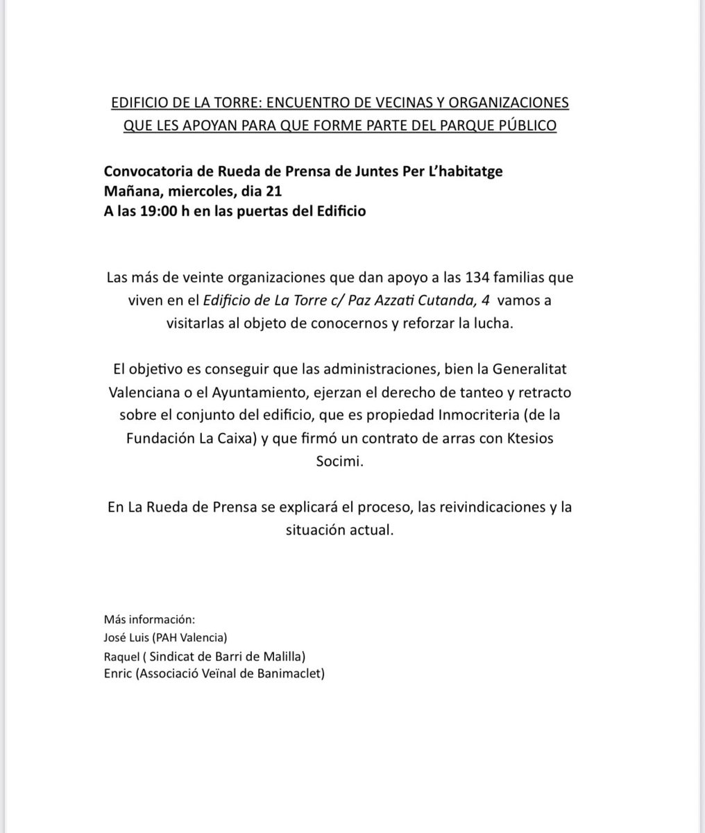 Molt important demà a Benimaclet (València).

Juntes som mes fortes.
<a href="/PAH_Valencia/">PAH Valencia</a>