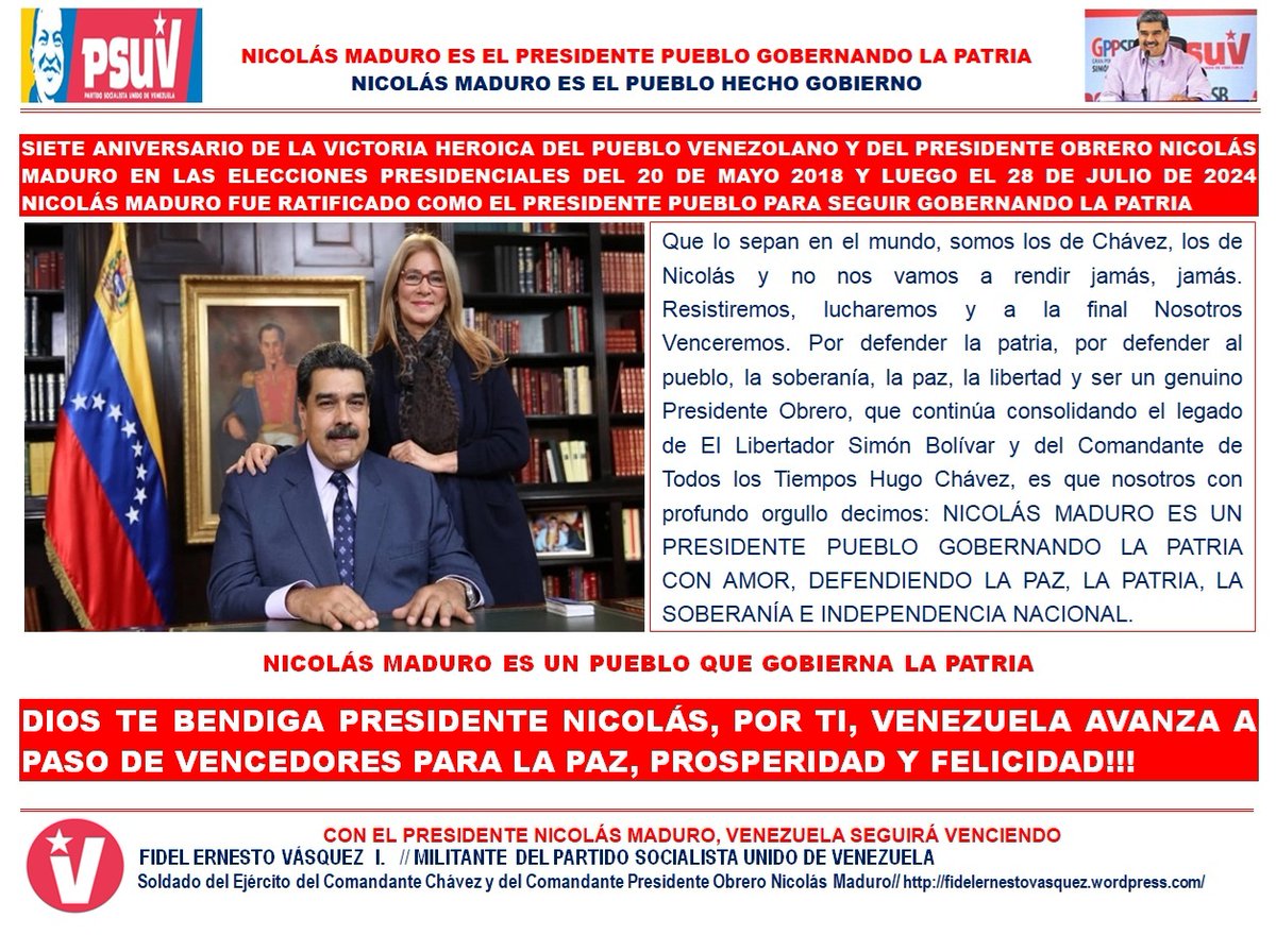 FIDEL E. VASQUEZ I. (@fidelvasquepsuv) on Twitter photo 7 años de la Victoria Heroica del Pueblo Venezolano y del Presidente <a href="/NicolasMaduro/">Nicolás Maduro</a> en las elecciones presidenciales del 20 de mayo 2018 y luego el 28 de julio 2024 Nicolás Maduro fue ratificado como el Presidente Pueblo para seguir gobernando la patria
wp.me/plhwe-9Lj 7 años de la Victoria Heroica del Pueblo Venezolano y del Presidente <a href="/NicolasMaduro/">Nicolás Maduro</a> en las elecciones presidenciales del 20 de mayo 2018 y luego el 28 de julio 2024 Nicolás Maduro fue ratificado como el Presidente Pueblo para seguir gobernando la patria
wp.me/plhwe-9Lj