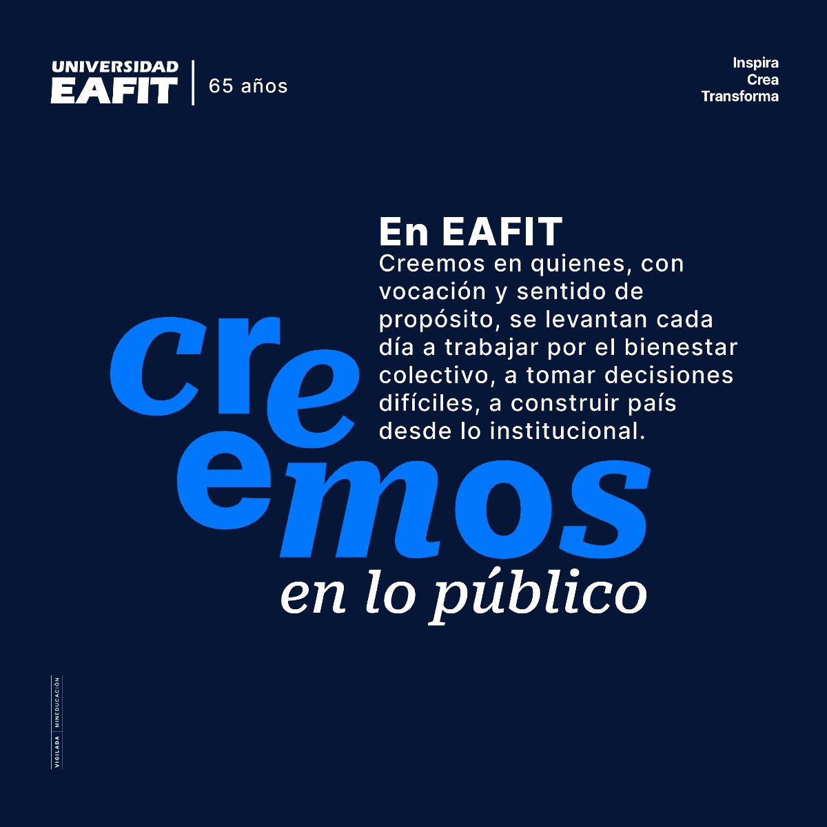 📢¡Lanzamos la Beca Talento Público 65 Años para servidores públicos de toda Colombia 🇨🇴! 

En #EAFIT creemos en quienes, con vocación y sentido de propósito, trabajan por el bienestar colectivo, el fortalecimiento democrático 🤝 y construyen país desde las instituciones y