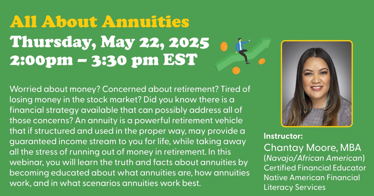 nativelearningc's tweet photo. Webinar: All About Annuities
Date: May 22, 2025
Time: 2:00 β 3:30 pm EST
Register Here: https://t.co/T5pX0cgYCd
#Annuities #RetirementPlanning #FinancialLiteracy #GuaranteedIncome #NativeFinance #RetirementSavings #SecureYourFuture #NativeLearningCenter #TribesHelpingTribes https://t.co/BCK1dxuWM9