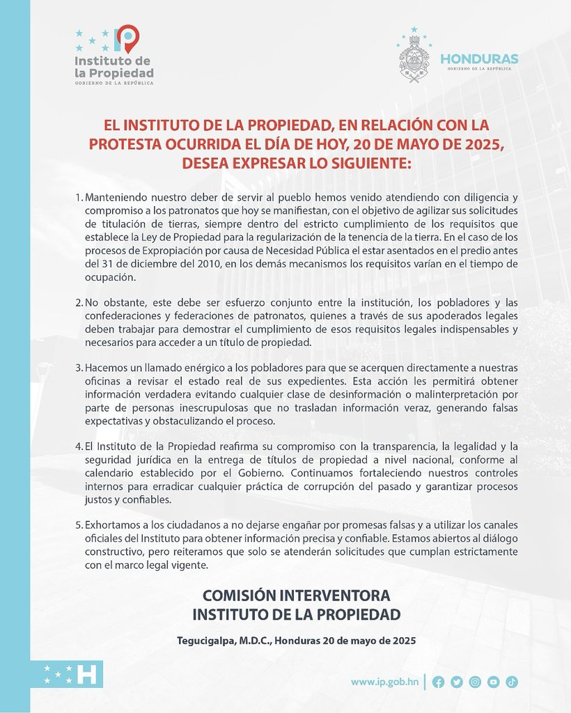 📌 COMUNICADO OFICIAL

El Instituto de la Propiedad, en relación con la protesta ocurrida este 20 de mayo de 2025, desea expresar lo siguiente: