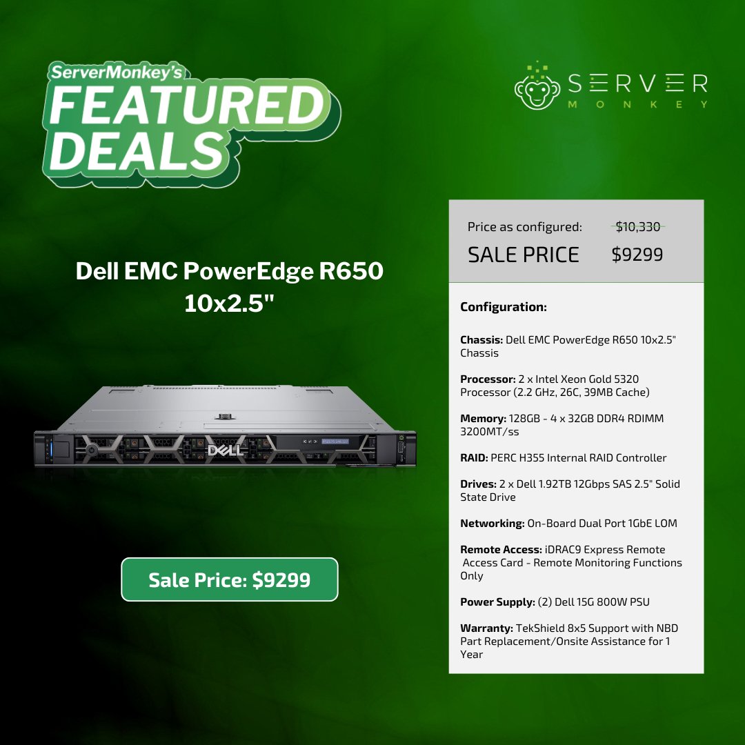 ServerMonkey (@myservermonkey) on Twitter photo New #ServerMonkeyFeaturedDeal: Dell EMC PowerEdge #R650 10-Bay at 10% off! Now $9,299! Dual Xeon Gold 5320 CPUs, 128GB RAM, 3.84TB SSD storage, TekShield Support.
🌐: hubs.ly/Q03nqQNv0
👨💻: 1-855-432-8918 | sales@servermonkey.com
#DellEMC New #ServerMonkeyFeaturedDeal: Dell EMC PowerEdge #R650 10-Bay at 10% off! Now $9,299! Dual Xeon Gold 5320 CPUs, 128GB RAM, 3.84TB SSD storage, TekShield Support.
🌐: hubs.ly/Q03nqQNv0
👨💻: 1-855-432-8918 | sales@servermonkey.com
#DellEMC